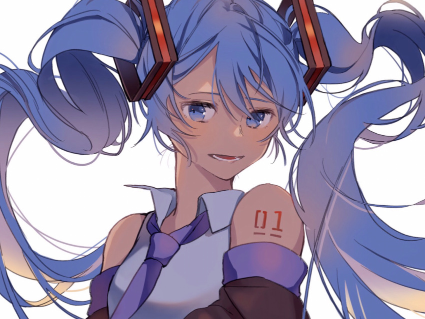 1girl bare_shoulders blue_eyes blue_hair blue_neckwear close-up commentary detached_sleeves face floating_hair hair_between_eyes hatsune_miku long_hair looking_away necktie number_tattoo open_mouth shaded_face shirt shoulder_tattoo simple_background sleeveless sleeveless_shirt solo tattoo teeth twintails umi_k_a upper_body very_long_hair vocaloid white_background white_shirt