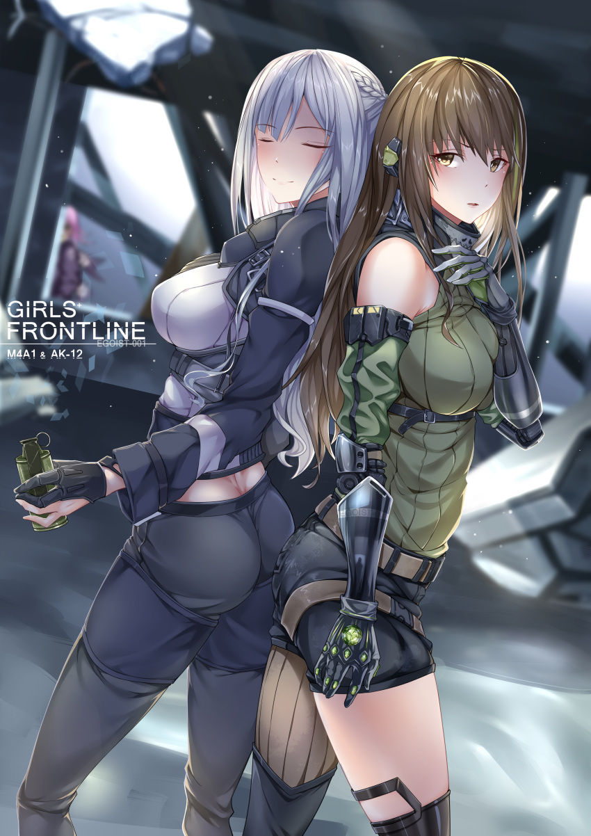 3girls absurdres ak-12_(girls_frontline) ass braid breasts brown_hair butt_bump butt_crack character_request closed_eyes commentary_request egoist-001 english_text flashbang french_braid girls_frontline headphones highres large_breasts m4a1_(girls_frontline) mechanical_arm multiple_girls pants platinum_blonde_hair shorts st_ar-15_(girls_frontline) tactical_clothes