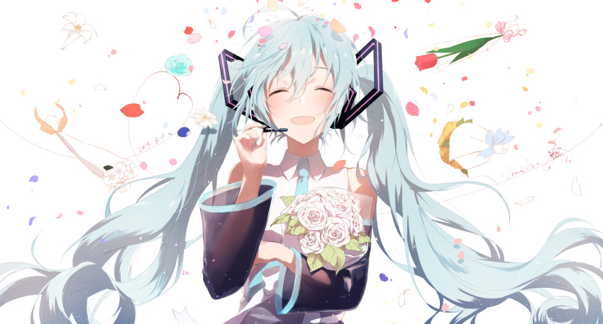 1girl 39 2019 ^_^ aqua_flower bare_shoulders blue_hair blue_nails blue_neckwear bouquet character_name closed_eyes closed_eyes commentary dated detached_sleeves eyebrows_visible_through_hair fingernails flower happy hatsune_miku headset highres holding holding_bouquet holding_flower holding_microphone leaf long_hair microphone nail_polish necktie open_mouth orange_flower petals red_flower red_tulip ribbon rose sena_tea29 shirt simple_background sleeveless sleeveless_shirt smile solo standing tulip twintails upper_body very_long_hair vocaloid white_background white_flower white_ribbon white_rose white_shirt