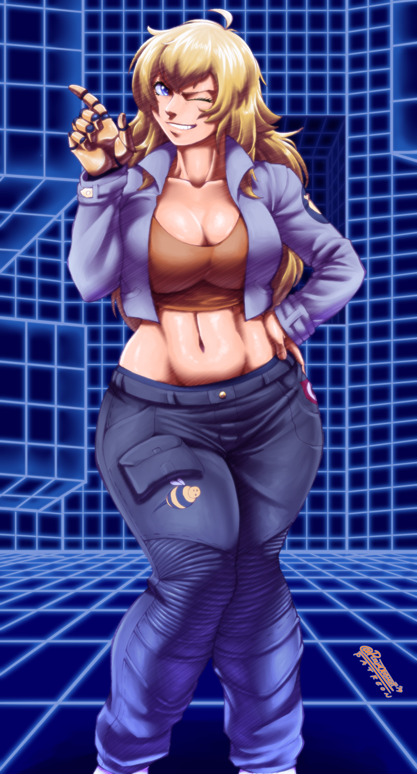 1girl ;d absurdres ahoge blonde_hair breasts capcom_vs_snk_2 cargo_pants cleavage collarbone commentary commission cropped_jacket crossover curvy english_commentary feet_out_of_frame grin groin hand_on_hip highres joe_shimamura large_breasts long_hair midriff navel one_eye_closed open_mouth pants prosthesis prosthetic_arm rwby smile solo sports_bra standing toned training_room violet_eyes yang_xiao_long