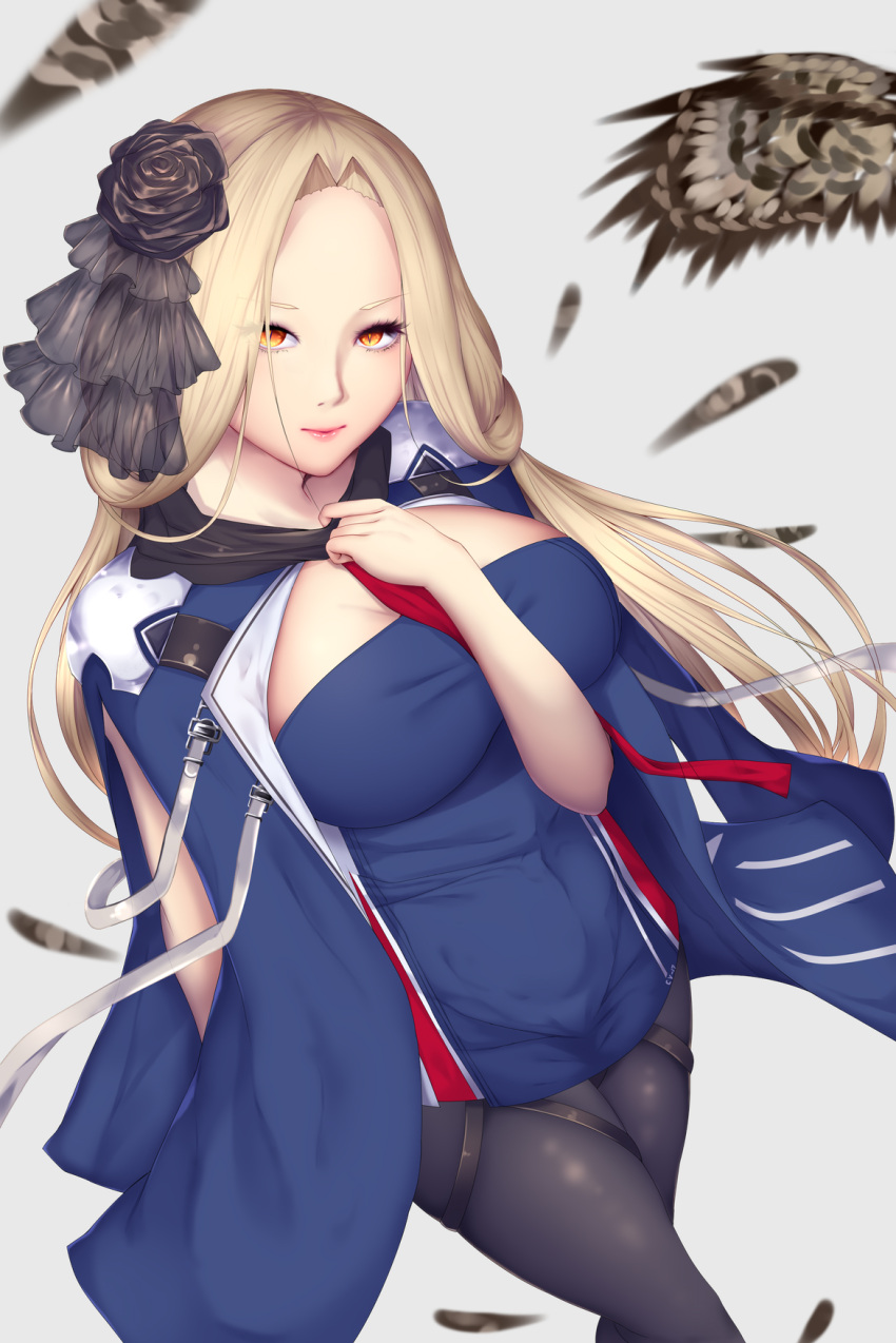 1girl arm_at_side arm_between_breasts azur_lane bangs black_flower black_legwear black_rose blonde_hair blue_cloak blue_dress blush breasts bunker_hill_(azur_lane) cloak closed_mouth clothes_writing cowboy_shot dress feathers flower grey_background hair_ornament high_collar highres large_breasts long_hair looking_at_viewer necktie orange_eyes pantyhose parted_bangs pink_lips purple_legwear red_neckwear rose shiro_usagi short_dress sidelocks simple_background solo thigh_strap very_long_hair