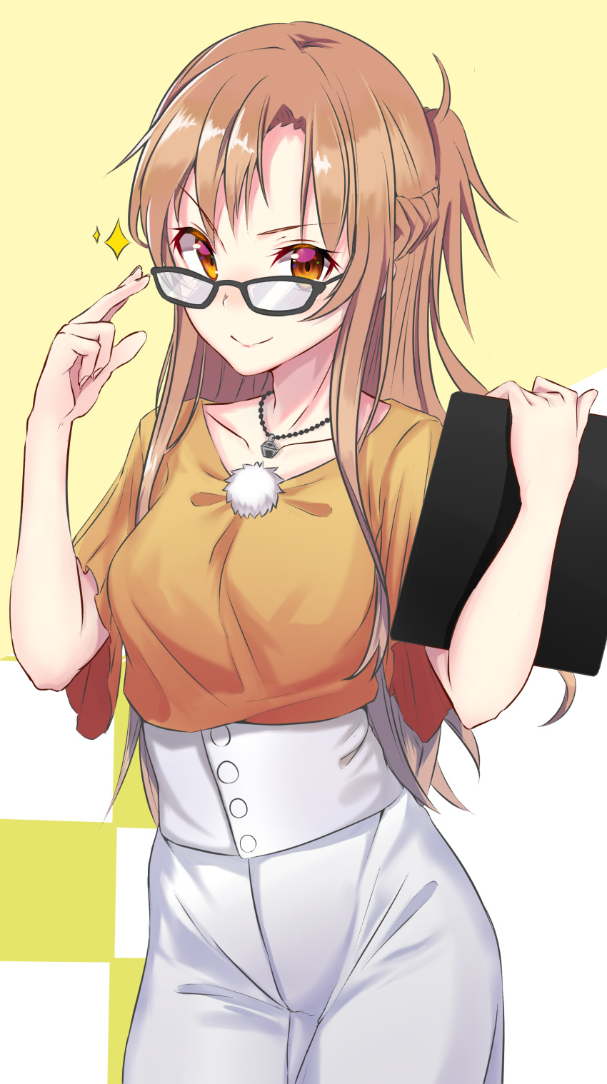 1girl absurdres alternate_costume asuna_(sao) braid breasts brown_eyes brown_hair collarbone commentary_request cowboy_shot eyebrows_visible_through_hair glasses highres holding holding_tablet_pc jewelry jun_(540000000000000) long_hair looking_at_viewer necklace orange_shirt pants ponytail shirt short_sleeves smile solo star sword_art_online white_footwear