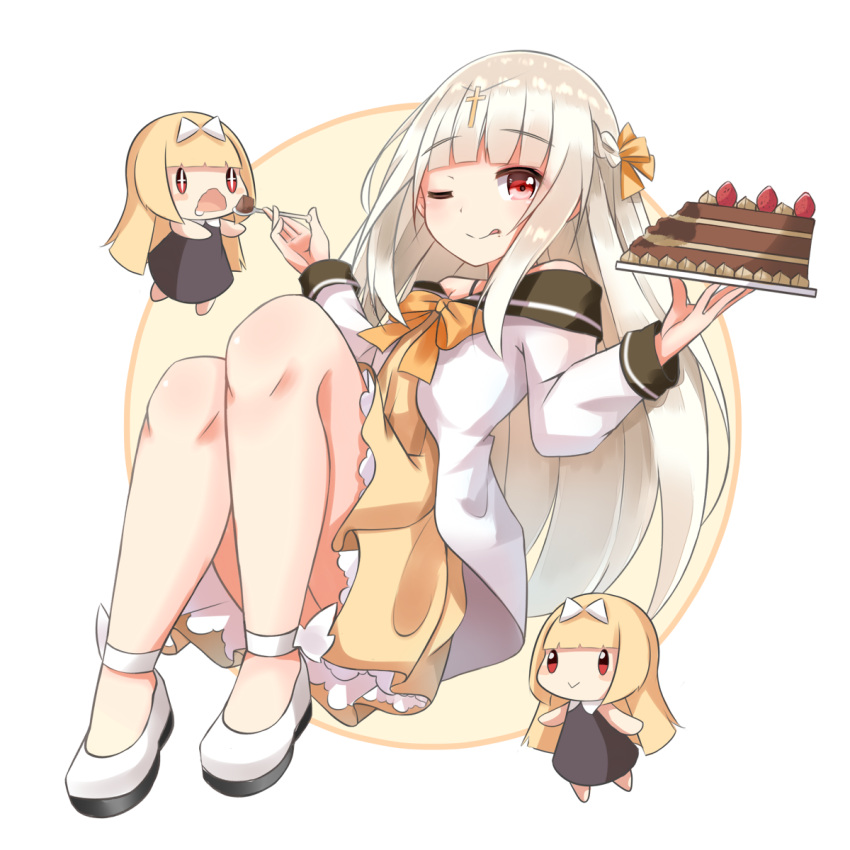 +_+ 3girls :&gt; bangs black_dress blonde_hair blush blush_stickers bow braid cake chocolate_cake commentary_request cross dress eyebrows_visible_through_hair fairy_(girls_frontline) food fruit girls_frontline hair_bow hair_ornament hair_ribbon hands_up highres knees_up legs_together long_hair long_sleeves looking_at_viewer multiple_girls norikoseal one_eye_closed open_mouth petticoat red_eyes ribbon sailor_dress saliva shoes side_braid sidelocks silver_hair smile spoon strapless strapless_dress strawberry tongue tongue_out white_bow white_footwear yellow_bow