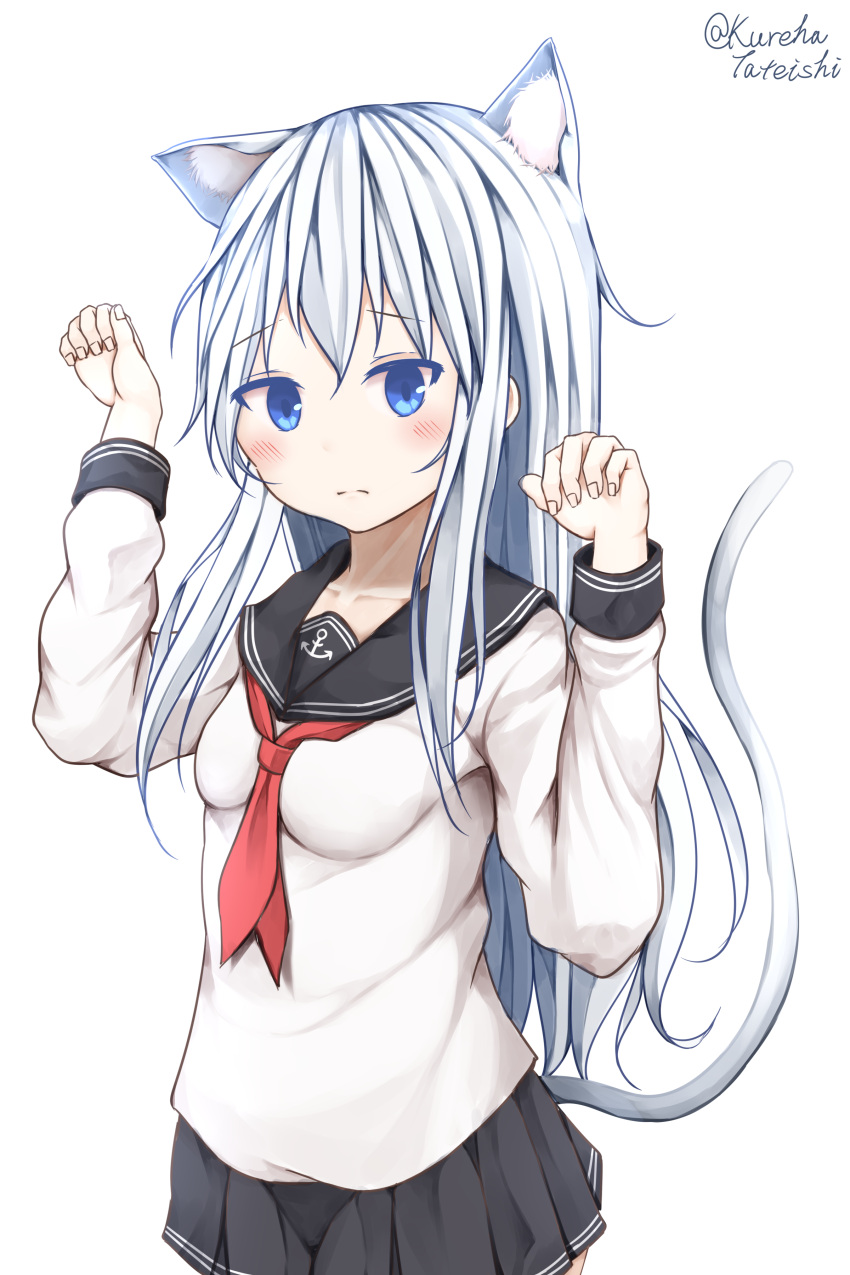 1girl absurdres anchor_symbol animal_ear_fluff animal_ears arm_up bangs black_sailor_collar black_skirt blue_eyes blush breasts cat_ears cat_girl cat_tail collarbone commentary_request eyebrows_visible_through_hair fingernails hair_between_eyes hamayuu_(litore) hand_up head_tilt hibiki_(kantai_collection) highres kantai_collection kemonomimi_mode medium_breasts neckerchief no_hat no_headwear paw_pose pleated_skirt red_neckwear sailor_collar shirt silver_hair simple_background skirt solo tail tail_raised twitter_username white_background white_shirt