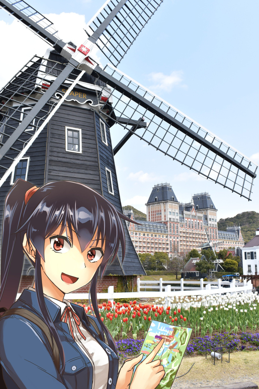 1girl :d abo_(hechouchou) absurdres black_hair blue_jacket collared_shirt flower hair_ribbon highres holding_map huis_ten_bosch jacket kantai_collection long_hair looking_at_viewer neck_ribbon open_mouth outdoors ponytail red_eyes red_ribbon ribbon shirt smile solo tulip upper_body white_shirt windmill yahagi_(kantai_collection)