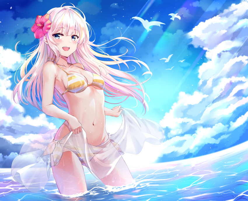 1girl :d absurdres animal bare_arms bare_shoulders bikini bird blue_eyes blue_sky blush breasts caustics cleavage clouds cloudy_sky collarbone day fisheye flower hair_flower hair_intakes hair_ornament hibiscus highres horizon light_rays long_hair looking_at_viewer medium_breasts multicolored_hair navel ocean open_mouth original pink_hair sarong see-through sidelocks sky smile solo stomach streaked_hair striped striped_bikini sunbeam sunhyun sunlight swimsuit wading water wide_shot yellow_bikini
