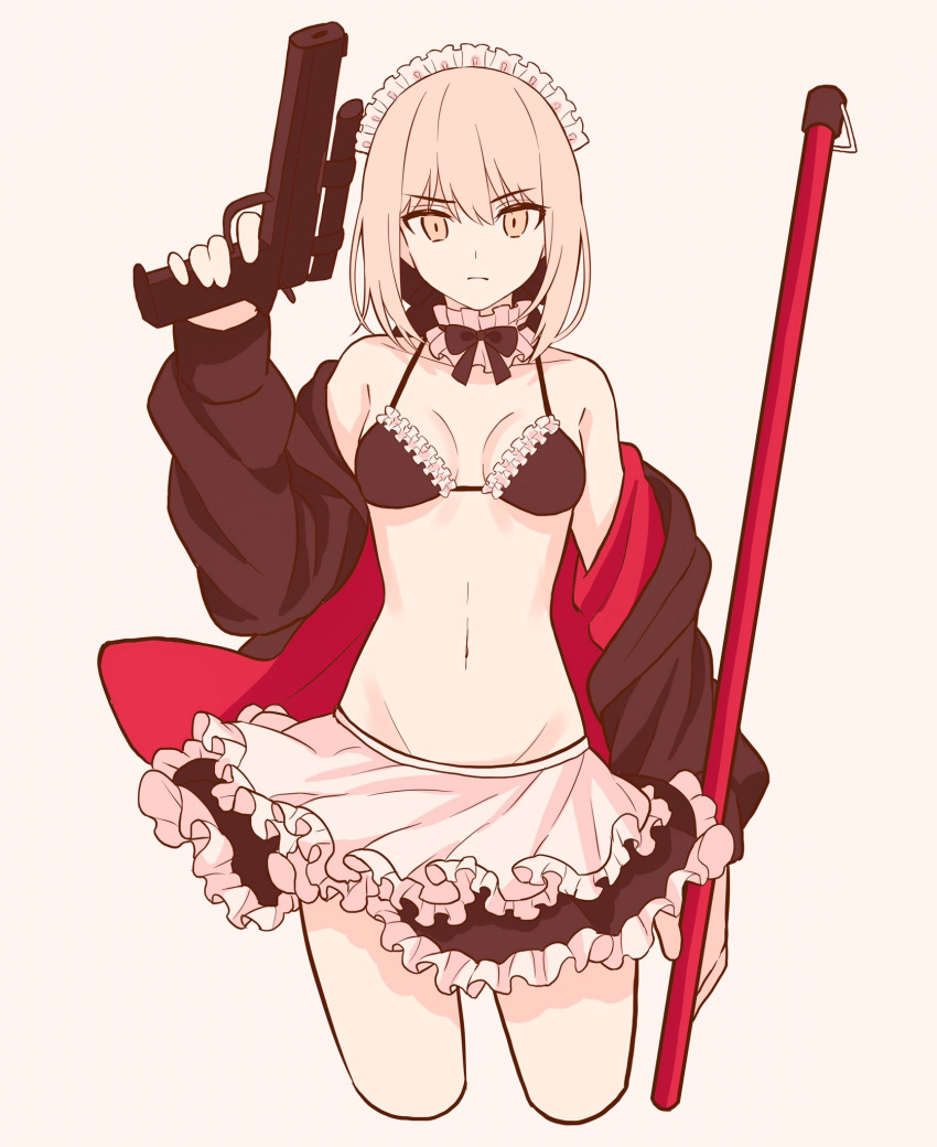 1girl apron artoria_pendragon_(all) artoria_pendragon_(swimsuit_rider_alter) bangs bare_shoulders bikini black_bikini black_jacket blonde_hair breasts collarbone eyebrows_visible_through_hair fate/grand_order fate_(series) frilled_apron frilled_bikini_top frills gun highres hood hoodie jacket leg_garter legs looking_at_viewer lq_saku maid_bikini maid_headdress medium_breasts midriff mop open_clothes open_hoodie open_jacket solo standing swimsuit thighs waist_apron weapon white_apron yellow_eyes