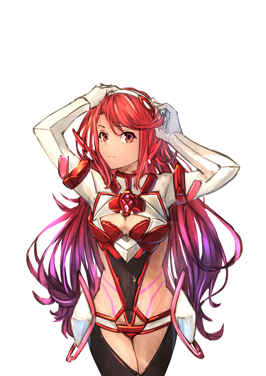 1girl absurdres adjusting_hair armor bangs bodypaint breasts cleavage cleavage_cutout concept_art covered_navel eyebrows_visible_through_hair hair_ornament headpiece highres pyra_(xenoblade) jewelry large_breasts long_hair looking_at_viewer messy_hair nintendo pantyhose pink_hair poteto_(potetosarada123) red_eyes shorts simple_background smile solo swept_bangs tiara twintails very_long_hair white_background xenoblade_(series) xenoblade_2
