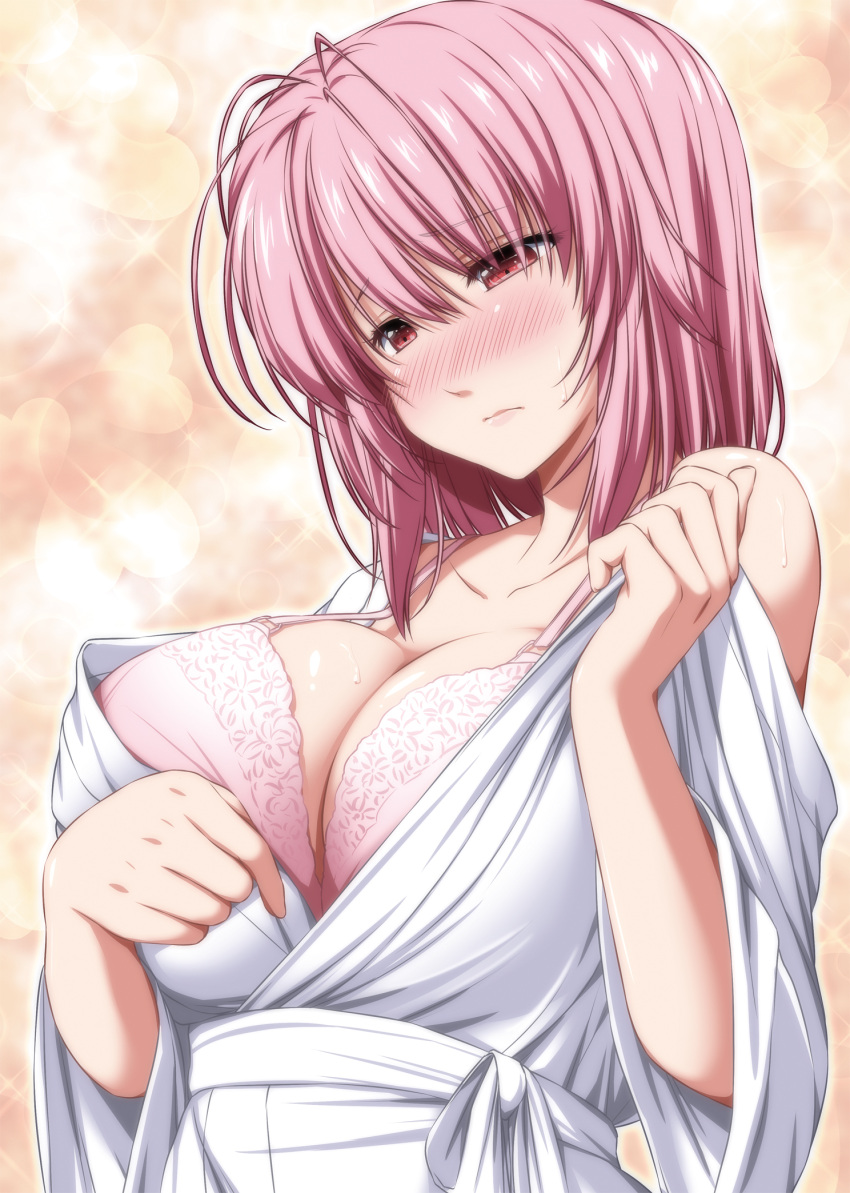 1girl bangs bare_shoulders blush bra commentary_request eyebrows_visible_through_hair hair_between_eyes half-closed_eyes hand_up head_tilt highres lens_flare long_sleeves no_hat no_headwear nori_tamago nose_blush off_shoulder pink_bra pink_hair red_eyes robe saigyouji_yuyuko sash short_hair solo touhou underwear upper_body white_robe white_sash wide_sleeves