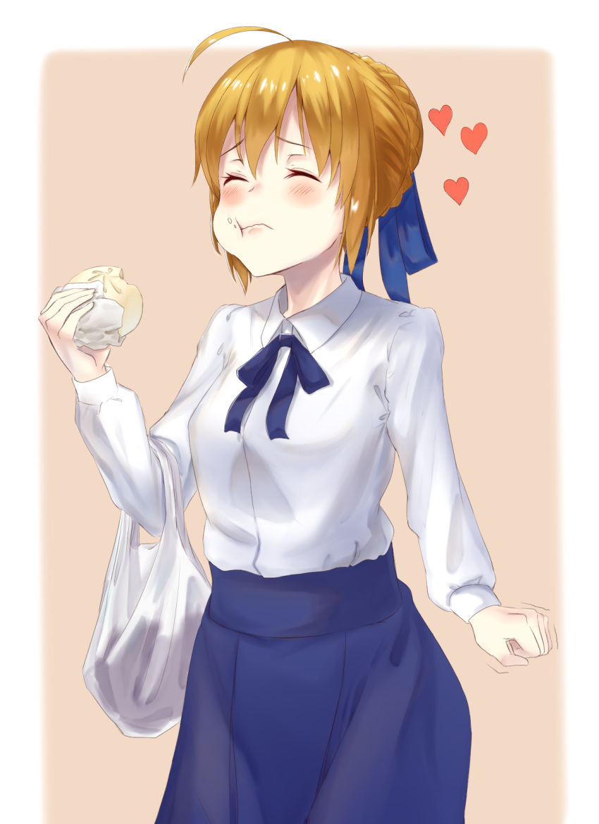 1girl ahoge artoria_pendragon_(all) bag blonde_hair blue_ribbon blush braid closed_eyes commentary_request cowboy_shot eating fate/grand_order fate/stay_night fate_(series) food hair_between_eyes hair_ribbon heart highres holding holding_food jun_(540000000000000) long_sleeves red_heart ribbon saber shirt short_hair skirt solo white_shirt