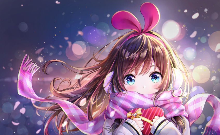 1girl a.i._channel animal_ears blue_eyes blush bow box brown_hair cherry_blossoms dana_(hapong07) earmuffs fake_animal_ears floating_hair hairband heart-shaped_box highlights highres kizuna_ai lens_flare long_hair long_sleeves looking_at_viewer multicolored_hair pink_hairband pink_scarf plaid plaid_scarf portrait rabbit_ears scarf scarf_over_mouth solo striped sweater valentine virtual_youtuber white_sweater