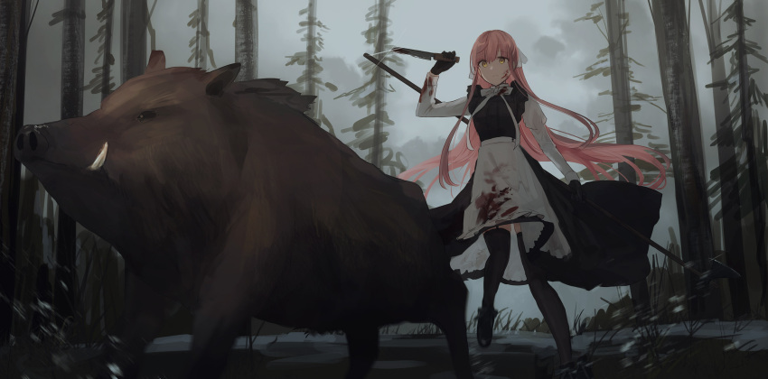 1girl animal apron bangs black_dress black_footwear black_gloves black_legwear blood blood_on_face bloody_clothes blush boar boots brown_eyes chihuri closed_mouth clouds cloudy_sky day dress eyebrows_visible_through_hair garter_straps gloves hair_between_eyes hair_ribbon hand_up highres holding holding_knife juliet_sleeves knife long_hair long_sleeves looking_at_viewer original outdoors pink_hair puffy_sleeves ribbon shirt sky sleeveless sleeveless_dress snow solo standing standing_on_one_leg thigh-highs thighhighs_under_boots tree very_long_hair waist_apron white_apron white_ribbon white_shirt