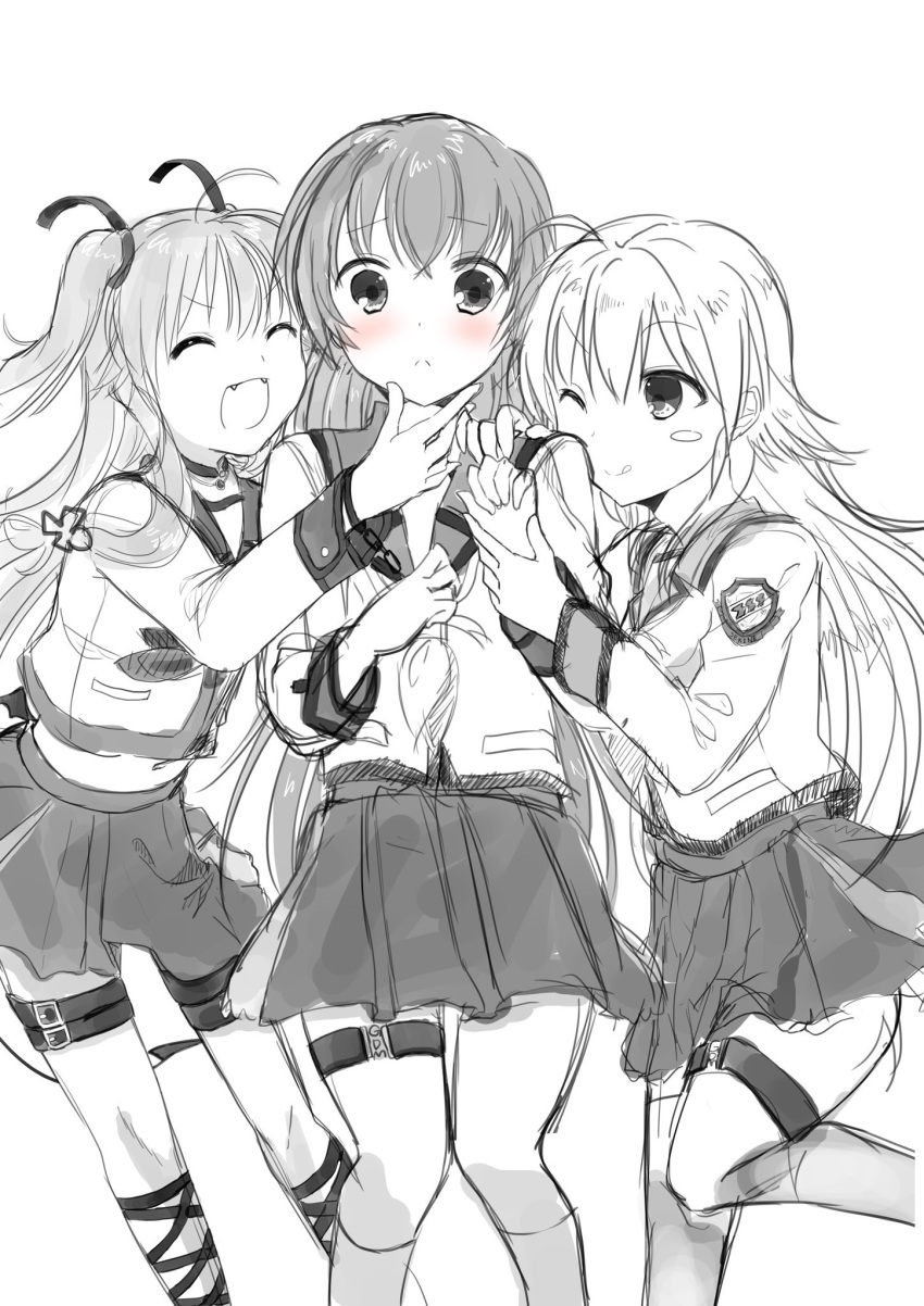 3girls ;) ^_^ angel_beats! ankle_lace-up bangs blush chains choker closed_eyes closed_eyes closed_mouth collar cross-laced_footwear cuffs eyebrows_visible_through_hair fangs greyscale hair_between_eyes hair_ornament hair_ribbon hand_on_another's_chin hand_on_another's_face hand_on_another's_hand highres holding irie_(angel_beats!) key_(company) kneehighs leg_strap long_hair long_sleeves looking_at_another looking_at_viewer looking_to_the_side monochrome multiple_girls one_eye_closed open_eyes open_mouth pantyhose ribbon school_uniform sekine shirt simple_background skirt smile socks standing tail teasing twintails white_background yui_(angel_beats!) zuzuhashi