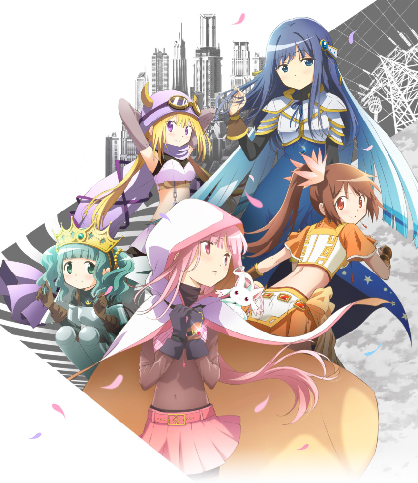 5girls armor armpits arms_behind_head arms_up beads belt blonde_hair blue_eyes blue_hair bodysuit breastplate brown_hair cape chains cityscape detached_sleeves futaba_sana gloves googles green_eyes green_hair hair_beads hair_ornament hands_clasped helmet highres hood hooded_cape long_hair looking_at_viewer looking_back magia_record:_mahou_shoujo_madoka_magica_gaiden mahou_shoujo_madoka_magica midriff mitsuki_felicia multiple_girls nanami_yachiyo navel official_art own_hands_together petals pink_hair ribbon short_hair side_ponytail sitting smile soul_gem tamaki_iroha twintails violet_eyes yui_tsuruno