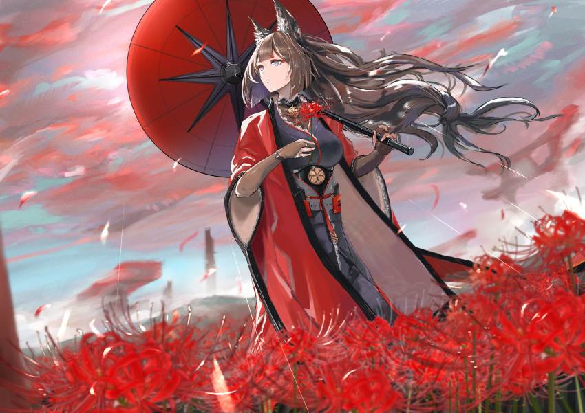 1girl absurdres amagi_(azur_lane) animal_ears azur_lane bangs blue_eyes blunt_bangs breasts bridal_gauntlets brown_gloves brown_hair eyeshadow field flower flower_field fox_ears gloves hair_ornament highres holding holding_umbrella huge_filesize japanese_clothes kdm_(ke_dama) kimono large_breasts long_hair looking_to_the_side makeup oriental_umbrella solo thick_eyebrows umbrella wide_sleeves