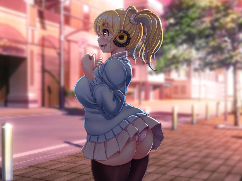 1girl ass blonde_hair blush breasts curvy drooling headphones highres huge_breasts jewelry necklace nitroplus orange_eyes panties pantyshot plump skindentation solo star star_necklace super_pochaco thick_thighs thighs twintails underwear v-mag