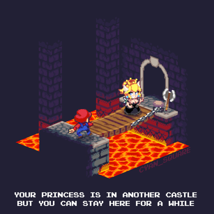 1boy 1girl armlet axe black_dress blonde_hair blue_earrings blue_eyes bowsette brick_wall bridge chibi crown cyan_square diorama dress earrings english_text full_body grin hat high_ponytail horns indoors isometric jewelry long_hair long_sleeves looking_at_another mario super_mario_bros. molten_rock new_super_mario_bros._u_deluxe nintendo overalls pixel_art ponytail smile spiked_shell spikes standing strapless strapless_dress super_crown super_mario_bros. sweater turtle_shell