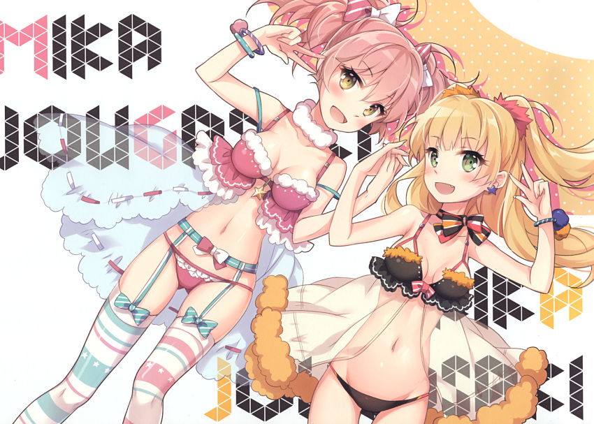 2girls :d absurdres asymmetrical_legwear black_panties blonde_hair blush bow bracelet breasts character_name choker cleavage collarbone double_bun dress eyebrows_visible_through_hair fang garter_belt gown green_eyes hair_between_eyes hair_bow highres idolmaster idolmaster_cinderella_girls jewelry jougasaki_mika jougasaki_rika long_hair medium_breasts multiple_girls nyanya open_mouth panties pink_bow pink_hair pink_panties shiny shiny_hair siblings sisters sleeveless smile striped striped_bow striped_legwear thigh_gap twintails underwear underwear_only w white_background white_bow white_legwear x yellow_eyes