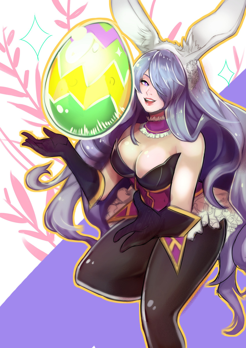 1girl absurdres animal_ears art_cerealex bare_shoulders bow bowtie breasts bunny_girl bunny_tail bunnysuit camilla_(fire_emblem_if) cleavage detached_collar fake_animal_ears fire_emblem fire_emblem_heroes fire_emblem_if fishnet_pantyhose fishnets hair_over_one_eye highres large_breasts leotard lips long_hair looking_at_viewer nintendo pantyhose purple_hair rabbit_ears simple_background smile solo tail thighs very_long_hair violet_eyes wavy_hair