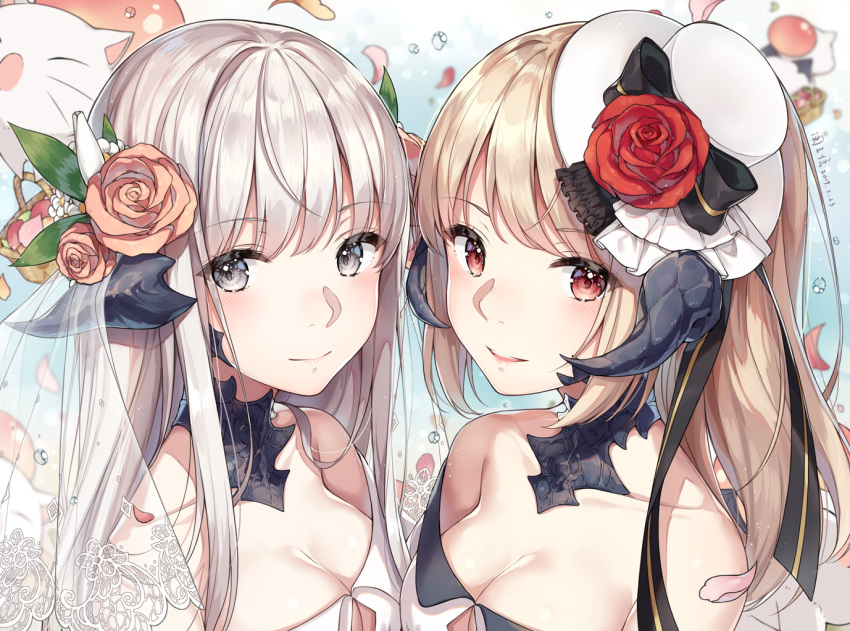 2girls au_ra ayuanlv bangs bare_shoulders blonde_hair blurry blurry_background blush breasts cleavage close-up dragon_horns dress eyebrows_visible_through_hair face final_fantasy final_fantasy_xiv flower hair_flower hair_ornament hat horns long_hair mini_hat moogle multiple_girls petals red_eyes scales silver_hair smile strapless strapless_dress veil
