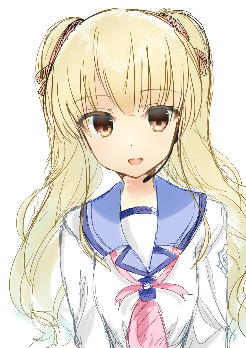 1girl :d absurdres angel_beats! bangs blonde_hair brown_eyes eyebrows_visible_through_hair eyes_visible_through_hair hair_between_eyes hair_ornament hair_ribbon headset highres huge_filesize key_(company) long_hair long_sleeves looking_at_viewer microphone open_mouth ribbon school_uniform shirt simple_background smile solo teeth white_background white_shirt yusa_(angel_beats!) zuzuhashi
