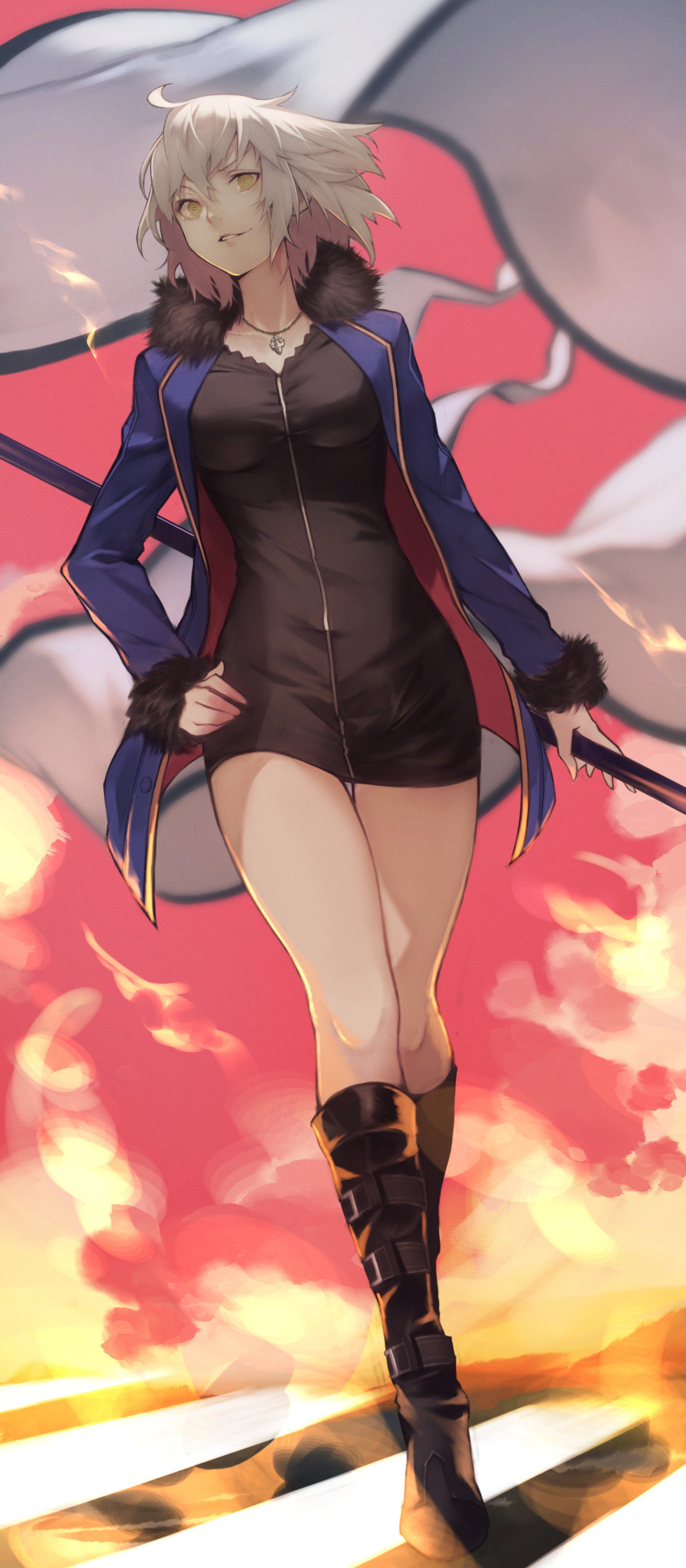 1girl 55level absurdres ahoge black_dress black_footwear blue_jacket boots breasts commentary dress english_commentary fate/grand_order fate_(series) full_body fur-trimmed_sleeves fur_trim highres holding jacket jeanne_d'arc_(alter)_(fate) jeanne_d'arc_(fate)_(all) jewelry large_breasts long_sleeves looking_at_viewer necklace parted_lips short_hair smile solo wicked_dragon_witch_ver._shinjuku_1999 yellow_eyes