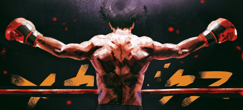 1boy arms_up back black_hair boxing_gloves dark_background dr_woodpecker facing_away gloves highres joe_(megalo_box) male_focus megalo_box muscle red_gloves scar shirtless solo