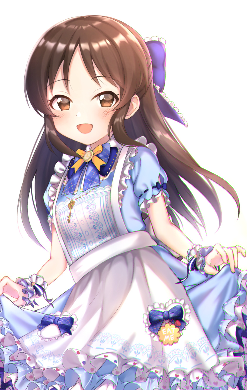 1girl :d apron blue_bow blue_dress blue_neckwear blush bow bowtie brown_eyes brown_hair chromatic_aberration commentary_request cotrpopor cowboy_shot dress dress_lift eat_me frilled_apron frilled_bow frilled_cuffs frilled_dress frills hair_bow half_updo highres idolmaster idolmaster_cinderella_girls jewelry key key_necklace lace_trim long_hair looking_at_viewer necklace open_mouth purple_bow short_sleeves sidelocks simple_background smile solo standing tachibana_arisu white_apron white_background wrist_cuffs yellow_neckwear