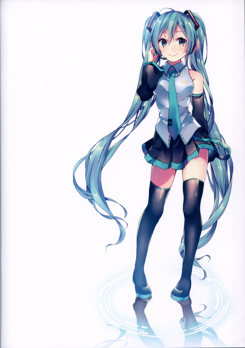 1girl absurdres bangs bare_shoulders blush boots breasts closed_mouth eyebrows_visible_through_hair full_body hair_ornament hand_up hatsune_miku headset highres huge_filesize long_hair looking_to_the_side medium_breasts necktie pleated_skirt reflection scan shiny shiny_clothes shiny_hair shiny_skin shiomizu_(swat) simple_background skirt sleeveless smile solo standing thigh-highs thigh_boots twintails vocaloid white_background zettai_ryouiki