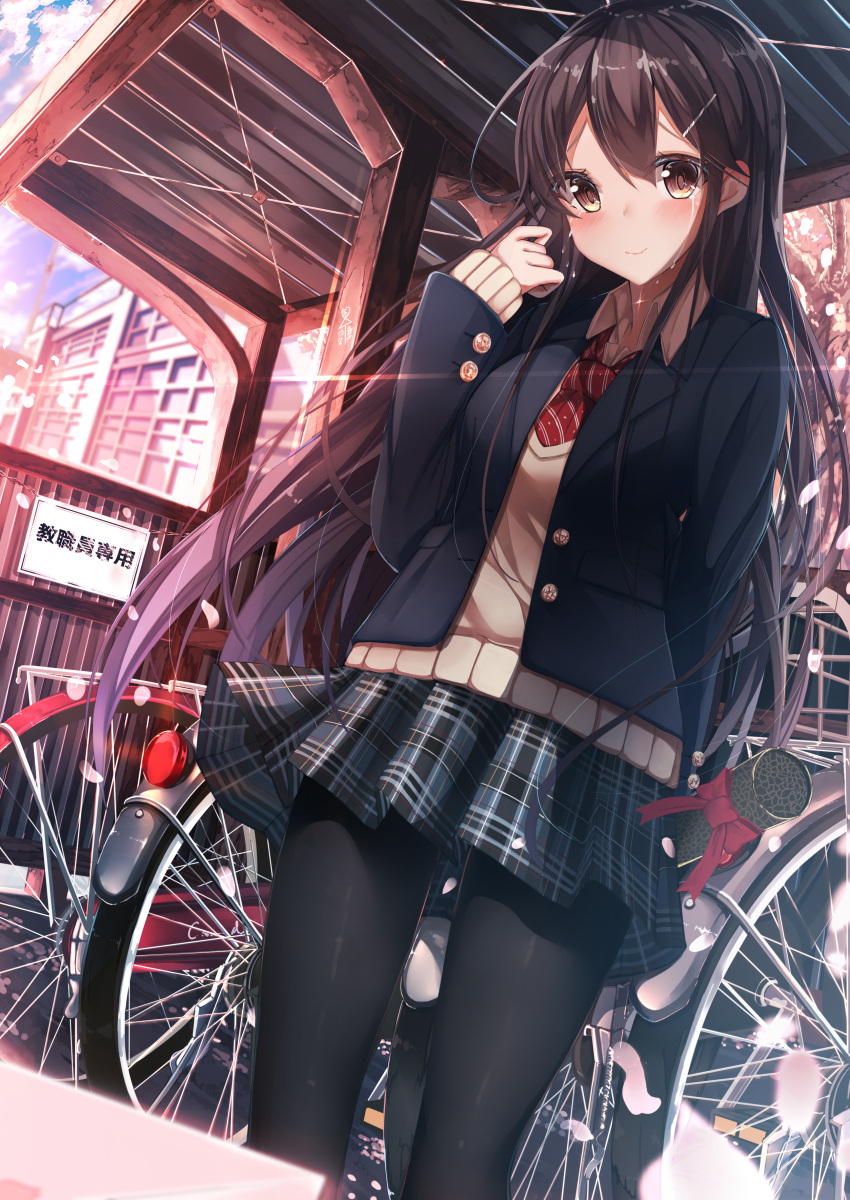 1girl absurdres ai_ai_gasa arm_up bangs bicycle black_legwear blazer brown_eyes brown_hair building buttons cherry_blossoms clouds collared_shirt crying crying_with_eyes_open day eyebrows_visible_through_hair graduation ground_vehicle hair_ornament hairclip highres hiragi_ringo holding jacket lens_flare long_hair original outdoors pantyhose pleated_skirt ribbon school school_uniform shed shirt sign skirt sky smile solo standing sweater tears window