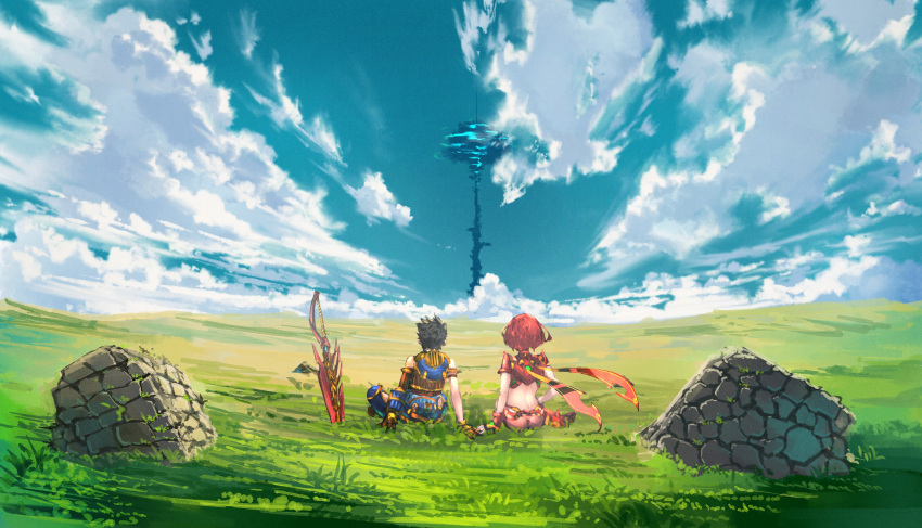 1boy 1girl absurdres ass black_hair brown_gloves clouds crop_top day from_behind gloves hand_on_hand highres pyra_(xenoblade) midriff nintendo outdoors poteto_(potetosarada123) redhead rex_(xenoblade_2) scenery short_hair sword weapon xenoblade_(series) xenoblade_2