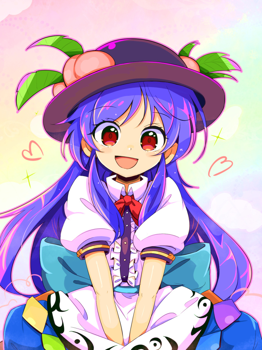 1girl black_headwear blouse blue_bow blue_hair blue_skirt bow buttons dress_shirt eyebrows_visible_through_hair food frills fruit gradient gradient_background harakune_(mugennero) hat hat_ornament heart highres hinanawi_tenshi leaf long_hair looking_at_viewer open_mouth peach puffy_short_sleeves puffy_sleeves red_bow red_eyes red_neckwear shirt short_sleeves sidelocks skirt smile solo sparkle touhou v_arms white_blouse white_shirt
