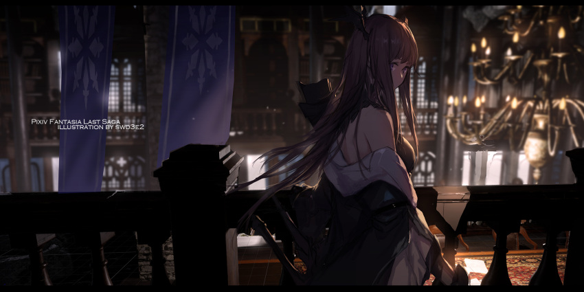 1girl artist_name backlighting banner bare_shoulders black_coat blurry blurry_background breasts brown_hair chandelier commentary_request dark day depth_of_field from_side hair_ornament highres holding holding_sword holding_weapon indoors large_breasts letterboxed long_hair looking_at_viewer looking_to_the_side off_shoulder pixiv_fantasia pixiv_fantasia_last_saga sidelocks solo standing swd3e2 sword violet_eyes weapon