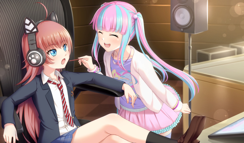 2girls :o ^_^ ahoge bang_dream! bangs black_legwear blazer blue_hair blue_shirt blunt_bangs brown_footwear cat_ear_headphones chair chu2_(bang_dream!) clenched_hand closed_eyes closed_eyes collared_shirt commentary_request feeding food hair_bobbles hair_ornament headphones highres holding holding_food indoors jacket jerky jewelry long_hair looking_at_another multicolored_hair multiple_girls necklace nuenue pareo_(bang_dream!) pink_hair pink_skirt print_shirt red_neckwear redhead shirt shoes sidelocks sitting skirt socks speaker streaked_hair striped striped_neckwear studio tablet_pc white_jacket white_shirt