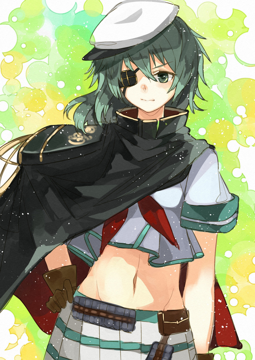 1girl absurdres black_cape brown_gloves cape cowboy_shot cutlass eyepatch flat_cap gloves green_background green_eyes green_hair hand_on_hip hat highres kanmiya_shinobu kantai_collection kiso_(kantai_collection) midriff navel neckerchief pleated_skirt red_neckwear remodel_(kantai_collection) school_uniform serafuku short_hair short_sleeves skirt solo