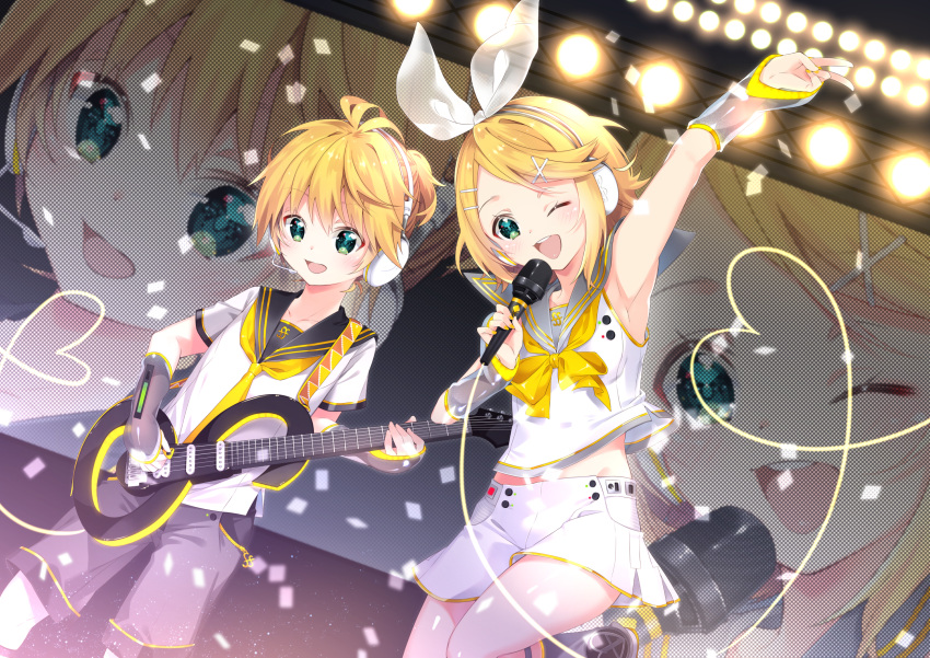 1boy 1girl anniversary arami_o_8 arm_up armpits bare_shoulders blonde_hair blush bow cable commentary confetti detached_sleeves fortissimo green_eyes guitar hair_bow hair_ornament hairclip headphones headset heart highres holding holding_microphone instrument kagamine_len kagamine_rin looking_at_viewer microphone music neck_ribbon necktie one_eye_closed playing_instrument ponytail projected_inset ribbon see-through see-through_sleeves shirt short_hair shorts smile spotlight treble_clef v vocaloid white_bow white_shirt yellow_neckwear