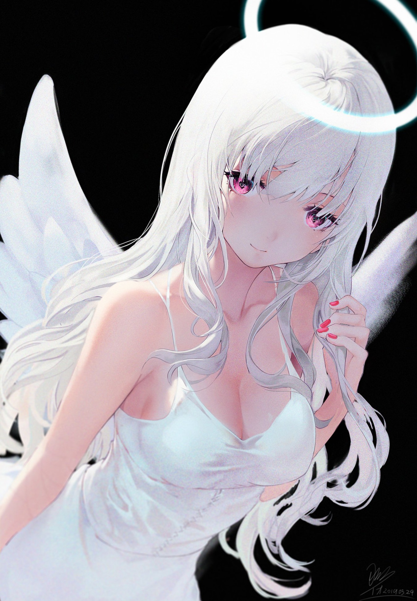 1girl angel angel_wings arm_at_side bangs bare_shoulders black_background blush breasts cleavage closed_mouth collarbone dated dress feathered_wings feathers hair_between_eyes halo haori_iori highres holding holding_hair long_hair looking_at_viewer medium_breasts nail_polish original pink_eyes pink_nails sidelocks signature simple_background sleeveless sleeveless_dress smile solo wavy_hair white_dress white_hair wings