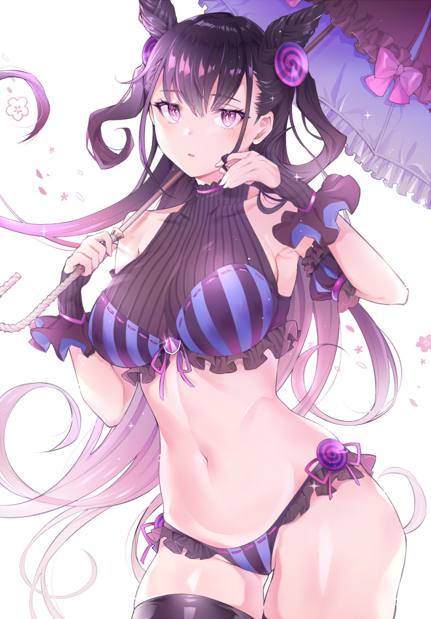 1girl bangs bikini blush breasts brown_hair collarbone cowboy_shot cpqm detached_sleeves double_bun eyebrows_visible_through_hair fate/grand_order fate_(series) frilled_bikini frills groin hair_between_eyes hair_ornament hair_twirling halter_top halterneck hand_up highres holding holding_umbrella large_breasts long_hair looking_at_viewer murasaki_shikibu_(fate) navel open_mouth puffy_short_sleeves puffy_sleeves purple_bikini short_sleeves solo stomach swimsuit thigh-highs two_side_up umbrella very_long_hair violet_eyes