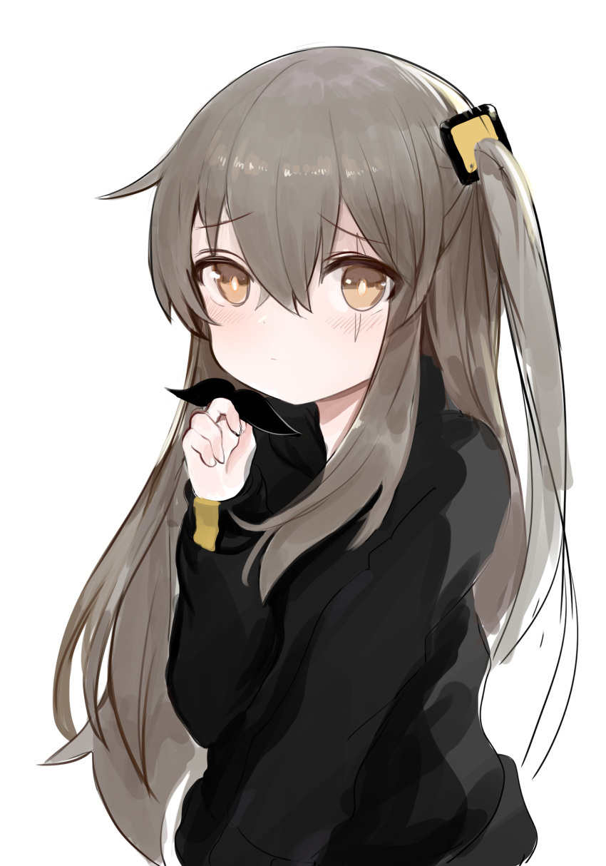 1girl absurdres bangs black_jacket blush brown_eyes brown_hair closed_mouth dokomon eyebrows_visible_through_hair fake_facial_hair fake_mustache girls_frontline hair_between_eyes hair_ornament hand_up highres holding holding_mustache jacket long_hair long_sleeves looking_at_viewer one_side_up scar scar_across_eye simple_background sleeves_past_wrists solo ump45_(girls_frontline) upper_body very_long_hair white_background