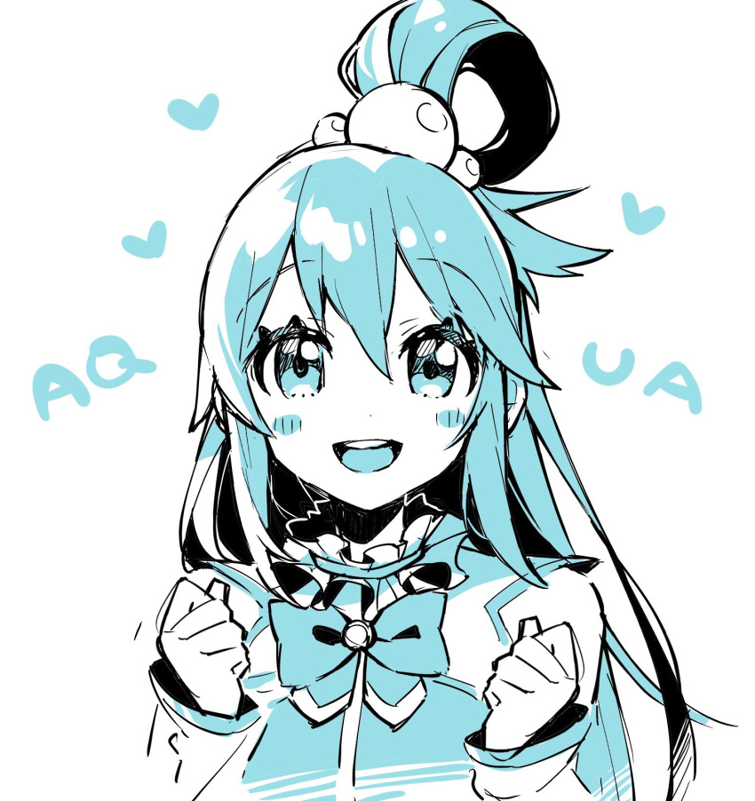 1girl aqua_(konosuba) bare_shoulders blue_eyes blue_hair blush blush_stickers character_name hair_ornament hair_rings hands_up heart highres kono_subarashii_sekai_ni_shukufuku_wo! kurihara_sakura long_hair looking_at_viewer monochrome round_teeth sketch smile solo symbol_commentary teeth upper_body