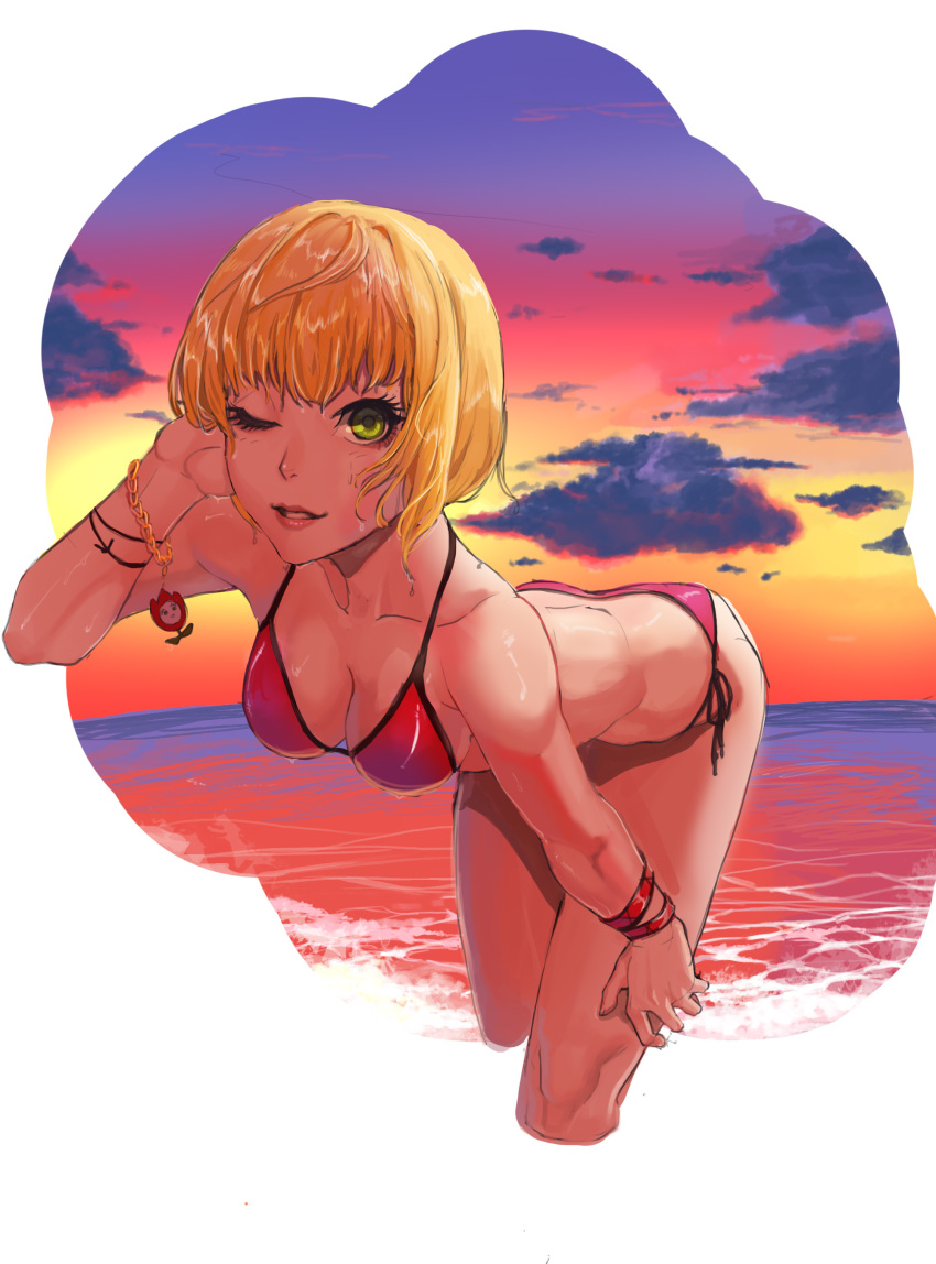 1girl ;) absurdres bent_over bikini blonde_hair bracelet breasts cleavage clouds collarbone cropped_legs da_(dsasd751) dusk gradient_sky green_eyes hand_in_hair hand_on_lap highres idolmaster idolmaster_cinderella_girls jewelry looking_at_viewer medium_breasts miyamoto_frederica ocean one_eye_closed outdoors parted_lips red_bikini short_hair side-tie_bikini sky smile solo swimsuit wet wet_hair