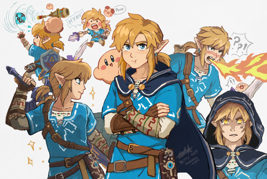 ! 1boy ? bettykwong blonde_hair blue_shirt breathing_fire cape chibi fire glowing glowing_eyes hood kirby link master_sword nintendo sheikah_slate shirt sparkle spoken_exclamation_mark spoken_question_mark the_legend_of_zelda the_legend_of_zelda:_breath_of_the_wild