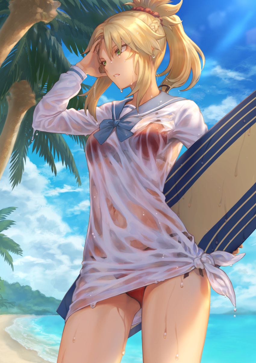 1girl bangs beach bikini blonde_hair blue_sky braid breasts clouds commentary_request day eyebrows_visible_through_hair fate/grand_order fate_(series) green_eyes hair_ornament hair_scrunchie hand_up highres holding_surfboard long_hair long_sleeves looking_afar mashu_003 medium_breasts mordred_(fate)_(all) mordred_(swimsuit_rider)_(fate) ocean orange_scrunchie outdoors palm_tree parted_lips ponytail red_bikini sailor_collar sand scrunchie shirt signature sky solo surfboard swimsuit thighs tree twitter_username wet wet_clothes white_shirt