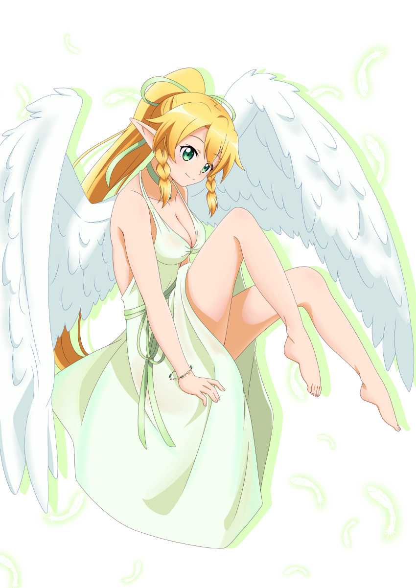1girl absurdres alternate_costume angel_wings bare_arms bare_shoulders barefoot blonde_hair braid breasts choker cleavage collarbone commentary_request dress eyebrows_visible_through_hair freekenji422 green_choker green_eyes hair_between_eyes hair_ornament highres knee_up large_breasts leafa long_hair looking_at_viewer pointy_ears ponytail sleeveless sleeveless_dress smile solo sword_art_online twin_braids white_dress white_wings wings wristband