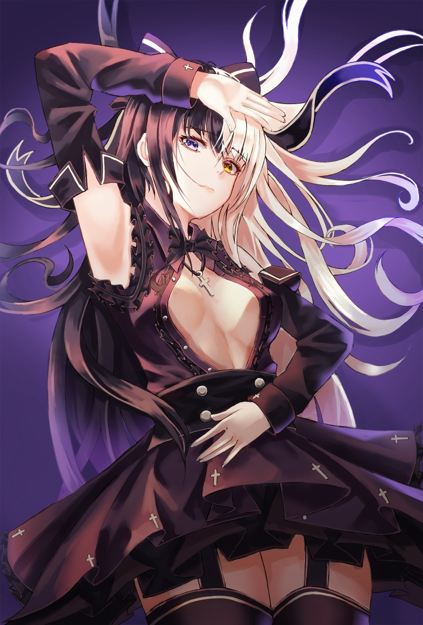 1girl arm_up armpits black_hair black_legwear black_neckwear black_shirt black_skirt bow bowtie breasts breasts_apart buttons closed_mouth cowboy_shot cross cross_necklace cup6542 detached_sleeves floating_hair frills garter_straps hair_bow heterochromia highres jewelry long_hair looking_at_viewer medium_breasts miniskirt multicolored_hair necklace no_bra open_clothes open_shirt original pleated_skirt shirt sidelocks skirt solo thigh-highs two-tone_hair violet_eyes white_hair wing_collar yellow_eyes zettai_ryouiki