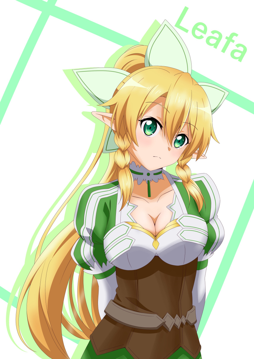 1girl absurdres arms_behind_back blonde_hair braid breasts cleavage collarbone commentary_request dress eyebrows_visible_through_hair freekenji422 frown green_eyes hair_between_eyes hair_ornament highres large_breasts leafa long_hair long_sleeves looking_at_viewer pointy_ears ponytail puffy_sleeves solo sword_art_online twin_braids upper_body very_long_hair