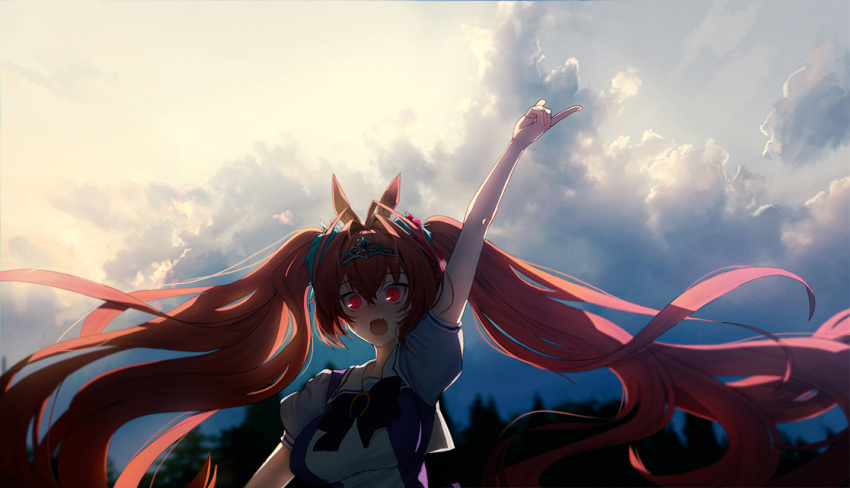 1girl :d anchovy_(artist) animal_ears breasts clouds daiwa_scarlet fang forest hair_between_eyes hair_ornament horse_ears long_hair nature open_mouth outdoors pointing red_eyes redhead school_uniform serafuku smile solo tiara umamusume very_long_hair