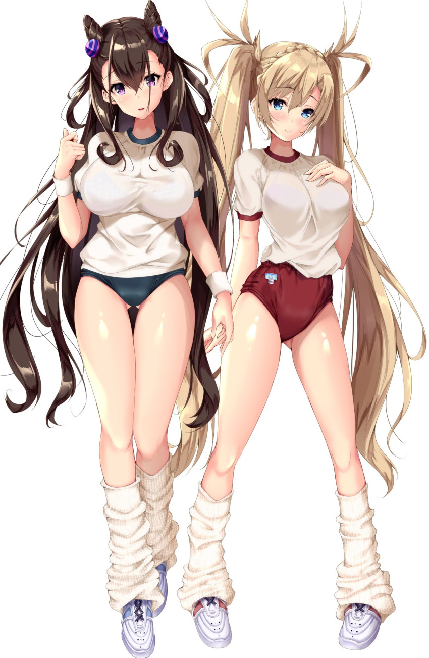 2girls bangs blonde_hair blue_eyes blush bra_through_clothes bradamante_(fate/grand_order) braid breasts brown_hair buruma closed_mouth commentary_request crown_braid eyebrows_visible_through_hair fate/grand_order fate_(series) fukuda_shuushi full_body gluteal_fold gym_shirt gym_uniform hair_between_eyes hand_on_own_chest hand_up highres kneehighs large_breasts long_hair looking_at_viewer loose_socks multiple_girls murasaki_shikibu_(fate) red_buruma see-through shiny shiny_hair shiny_skin shirt shoes short_sleeves simple_background smile sneakers socks standing twintails very_long_hair violet_eyes white_background white_legwear white_shirt wristband