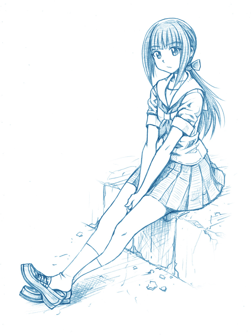 1girl bangs bbb_(friskuser) between_legs bow calf_socks closed_mouth eyebrows_visible_through_hair hair_bow highres lace-up_shoes legs_crossed long_hair looking_at_viewer monochrome original pleated_skirt shirt short_sleeves simple_background skirt socks solo white_background