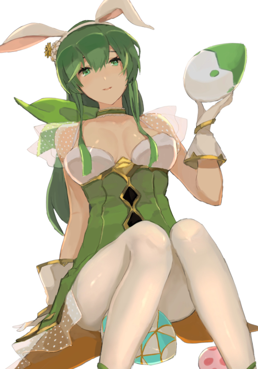 1girl animal_ears breasts bunnysuit choker cleavage dress easter_egg egg fire_emblem fire_emblem:_mystery_of_the_emblem fire_emblem:_shin_ankoku_ryuu_to_hikari_no_tsurugi fire_emblem_heroes flower gloves green_eyes green_hair hair_between_eyes hair_flower hair_ornament highres knees_together_feet_apart long_hair looking_at_viewer medium_breasts nintendo pantyhose paola parted_lips rabbit_ears simple_background sitting sleeveless sleeveless_dress smile solo straight_hair w_(1999_kyu) white_background white_gloves white_legwear